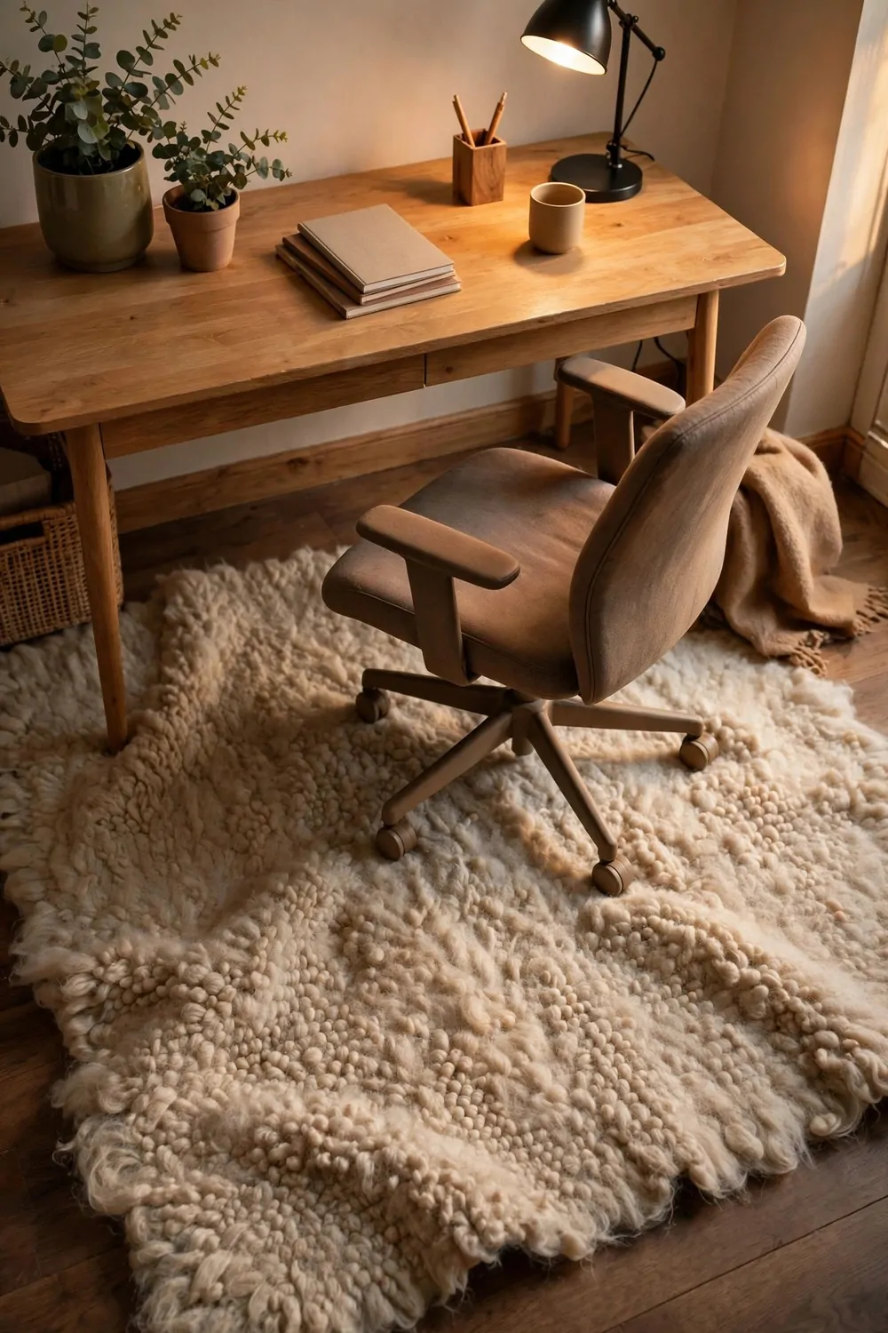 23 WFH Office Ideas for a Comfortable Work Day 16 A soft wool rug under a home office desk and chair at home, warm light