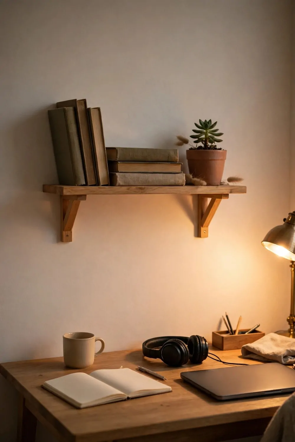 23 WFH Office Ideas for a Comfortable Work Day 18 A little wooden shelf with books and a small plant above a home office desk at home, warm light
