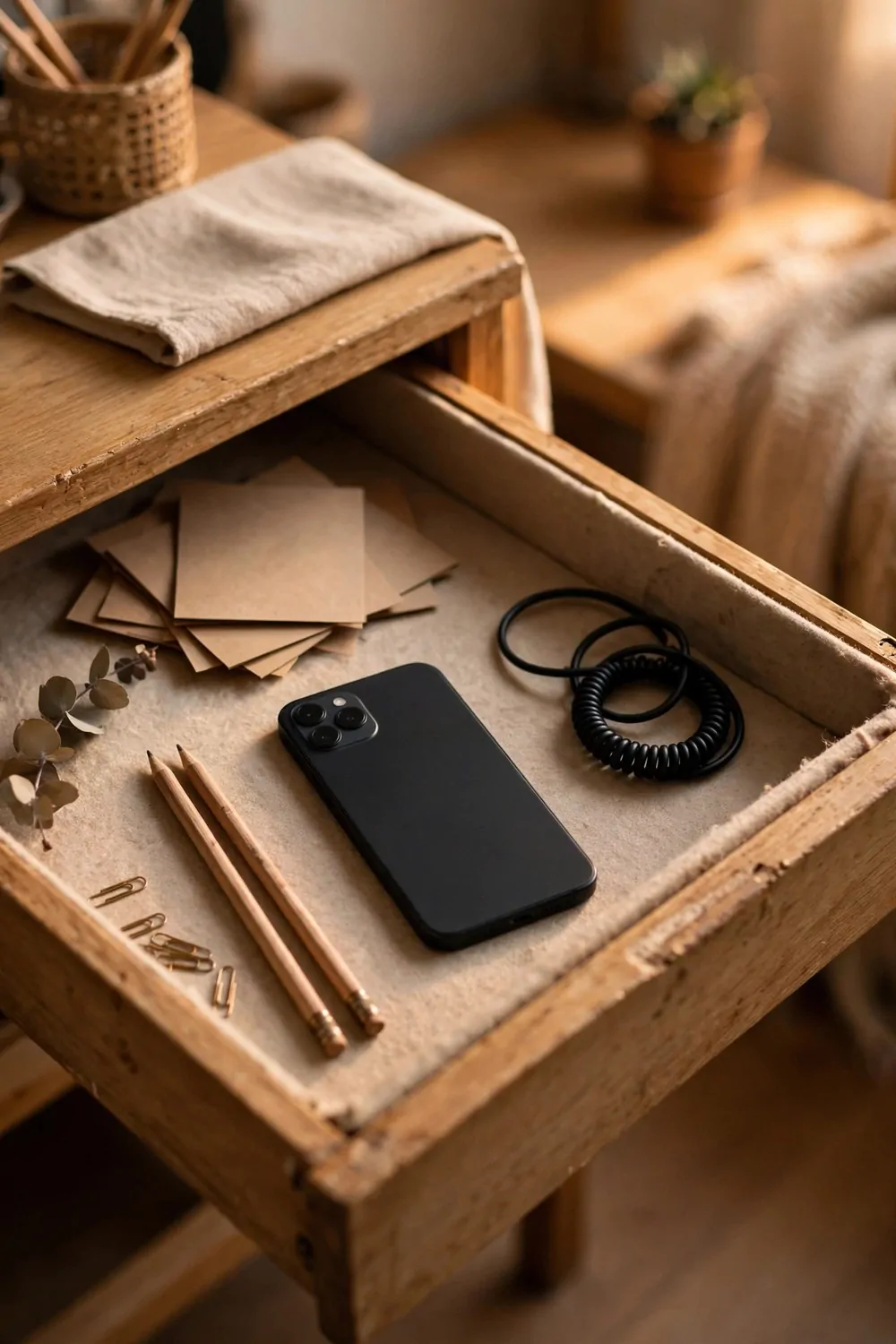 23 WFH Office Ideas for a Comfortable Work Day 19 A phone resting in an open desk drawer in a home office at home, warm light