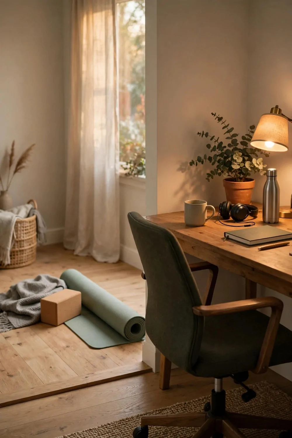 23 WFH Office Ideas for a Comfortable Work Day 20 An open space beside a home office desk for a quick stretch, warm light, calm room
