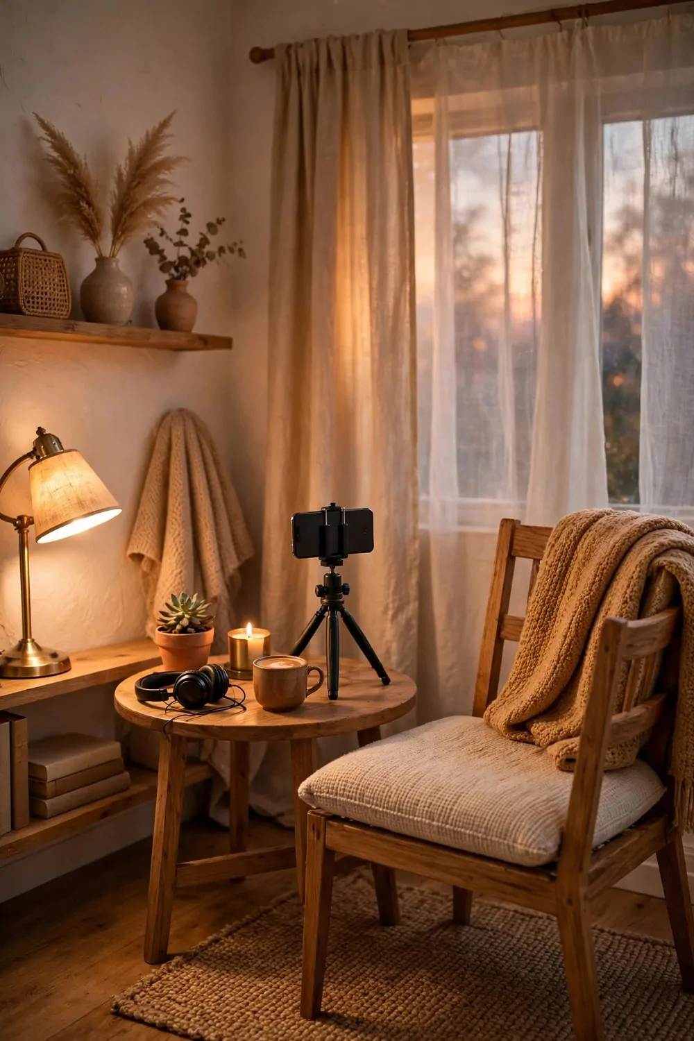 23 WFH Office Ideas for a Comfortable Work Day 21 A quiet corner with a chair and small table for video calls at home, warm light