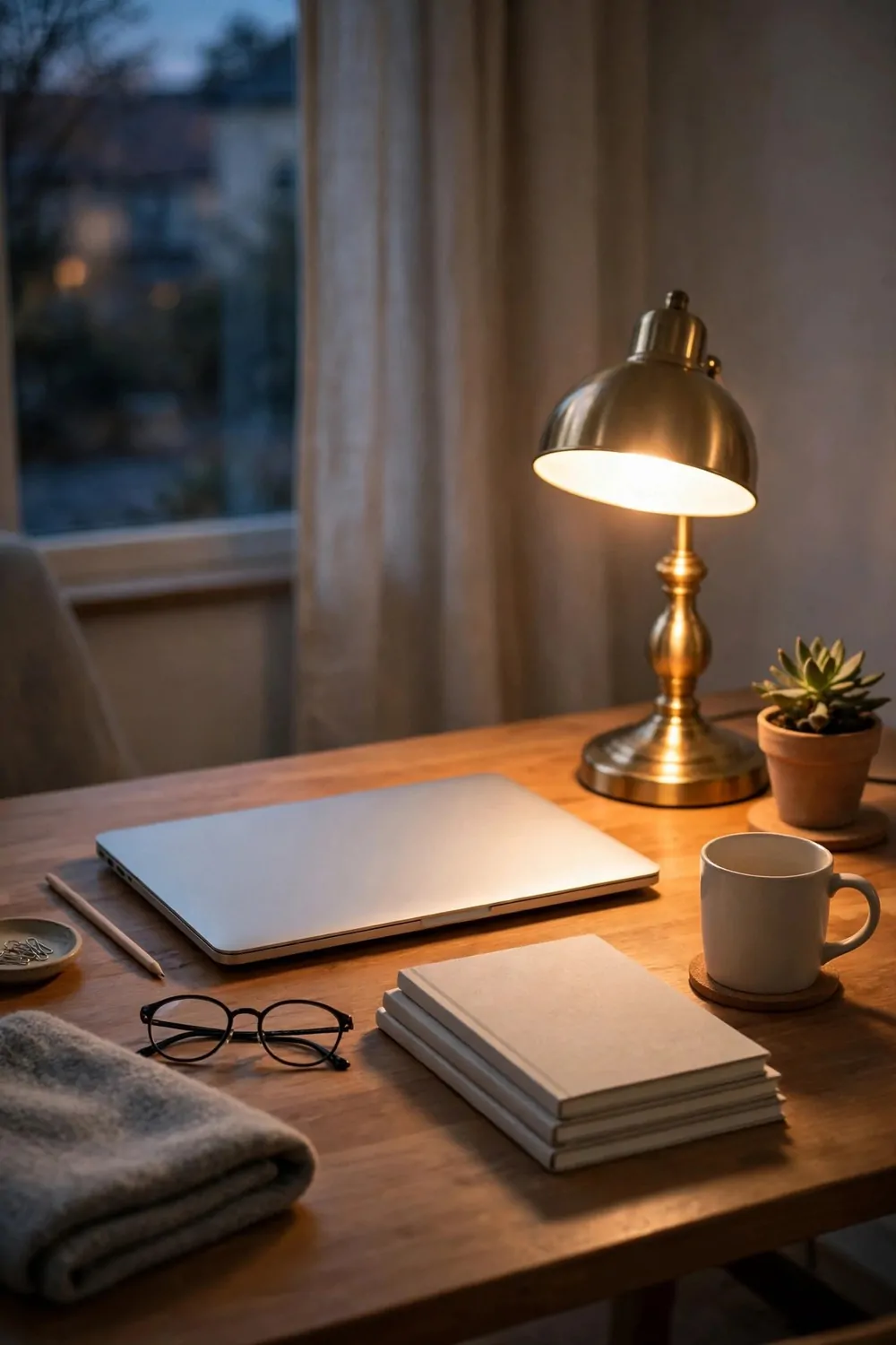23 WFH Office Ideas for a Comfortable Work Day 22 A tidy home office desk at the end of the workday, closed laptop, warm lamp glowing
