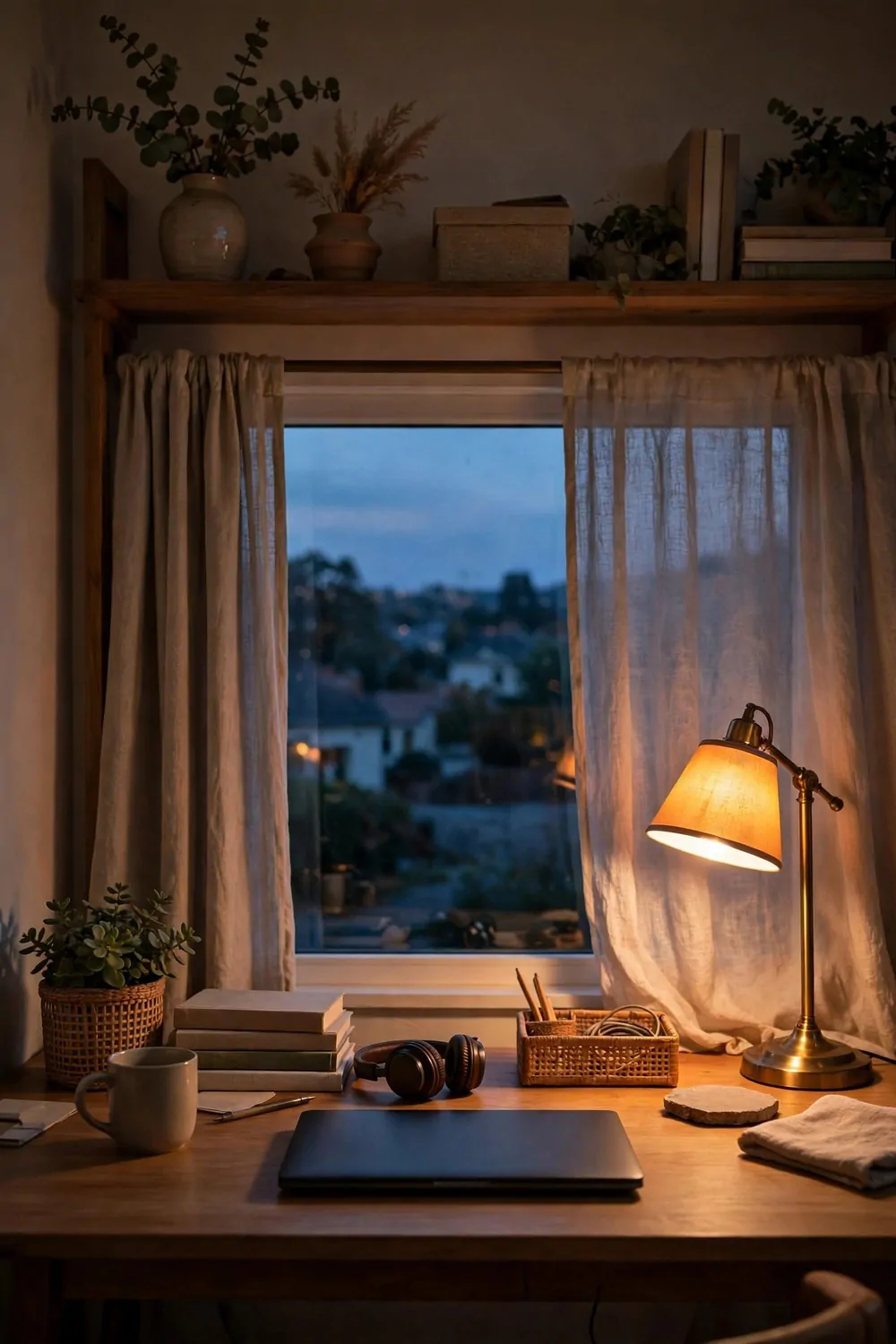 23 WFH Office Ideas for a Comfortable Work Day 23 A calm home office at dusk, warm lamp glowing, curtains half closed, workday done