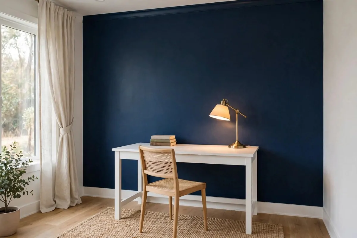 23 Work Office Makeover Projects That Cost Under $100 1 A home office with a deep navy painted accent wall behind a tidy white desk