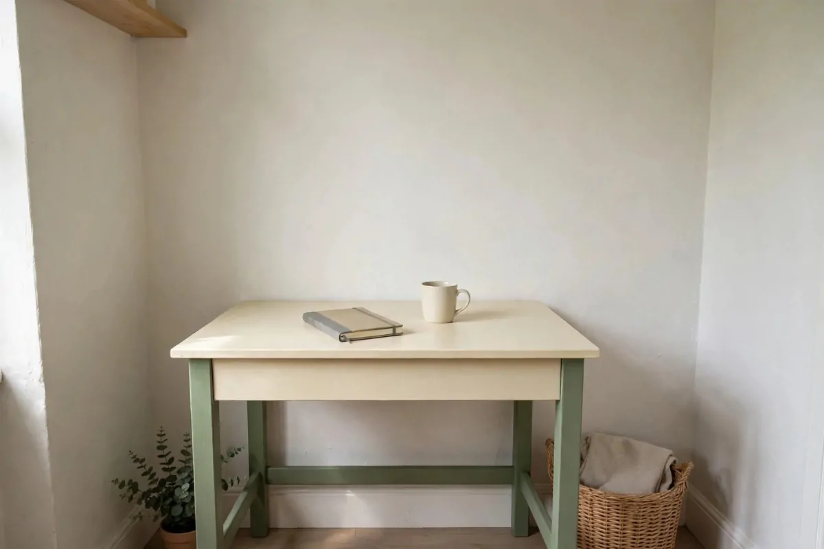 23 Work Office Makeover Projects That Cost Under $100 2 A wooden desk painted in two tones, cream top with sage green legs, in a small home office
