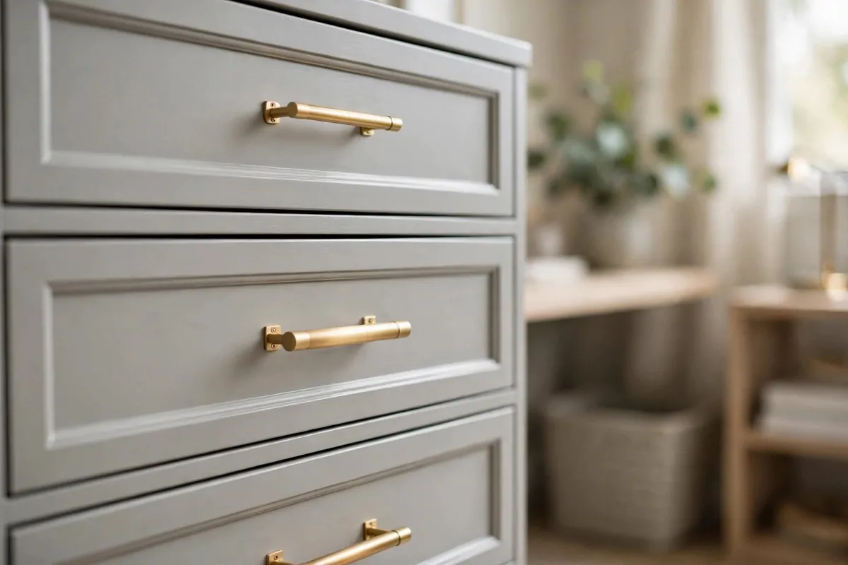 23 Work Office Makeover Projects That Cost Under $100 3 Close view of office storage drawers fitted with new modern brass handles