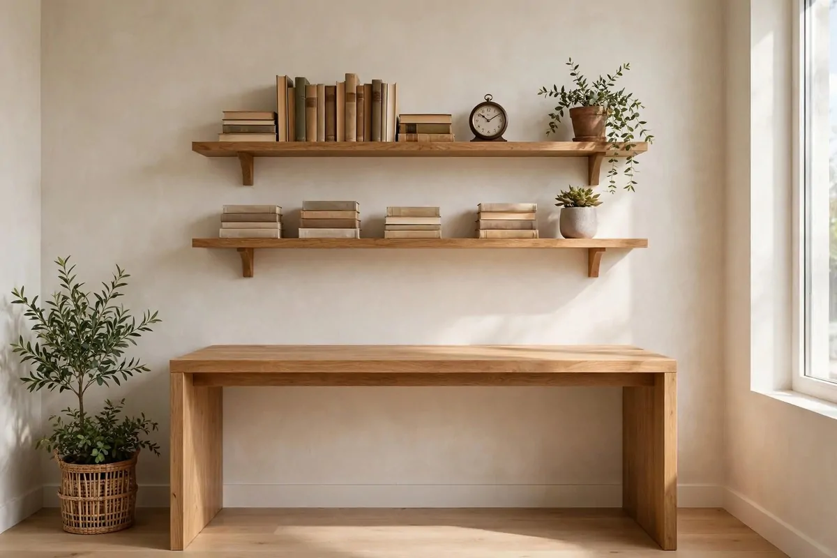 23 Work Office Makeover Projects That Cost Under $100 4 Two floating wooden shelves above a home office desk holding books and a small plant