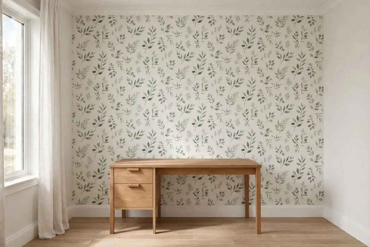 23 Work Office Makeover Projects That Cost Under $100 5 A home office feature wall covered in subtle botanical peel-and-stick wallpaper behind a desk