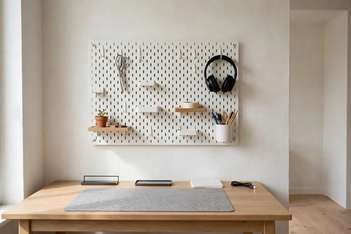 23 Work Office Makeover Projects That Cost Under $100 6 A white pegboard mounted above a desk with hooks holding scissors, headphones, and small shelves
