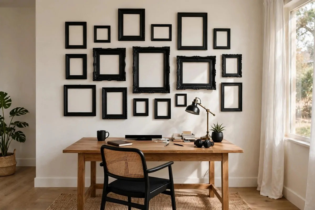23 Work Office Makeover Projects That Cost Under $100 7 A gallery wall of mismatched frames in one colour above a home office desk