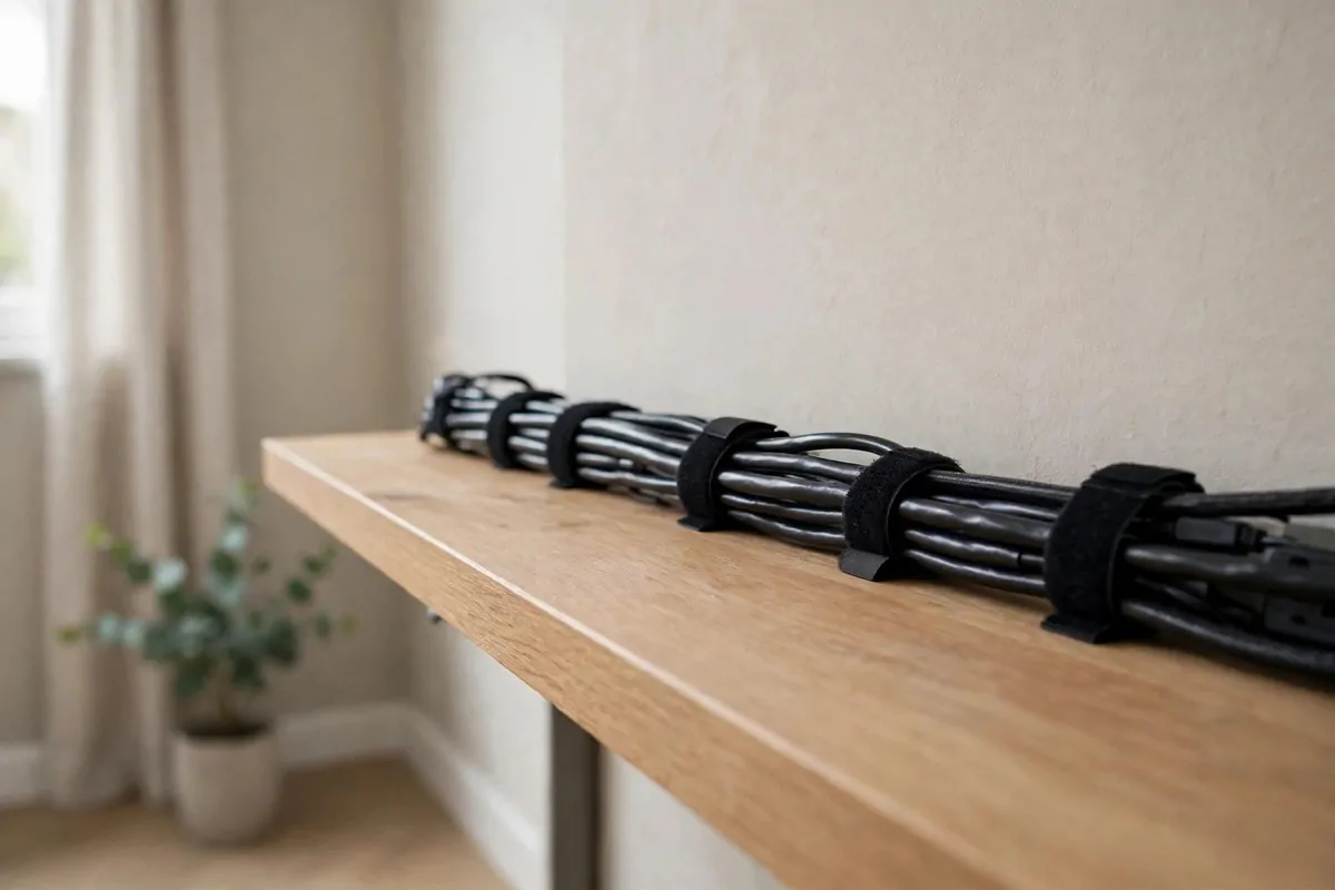 23 Work Office Makeover Projects That Cost Under $100 8 Neatly bundled cables secured with velcro ties along the back edge of a desk