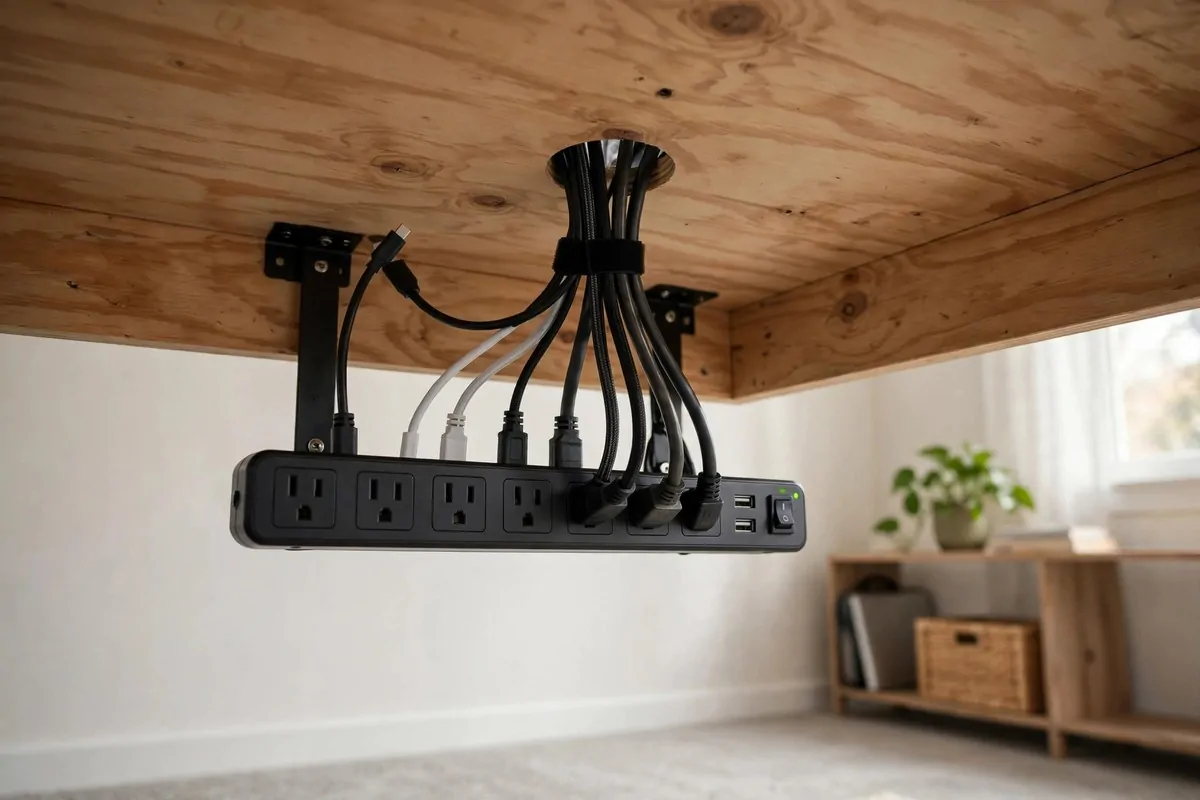 23 Work Office Makeover Projects That Cost Under $100 9 A power strip mounted underneath a desk surface with cables running up neatly