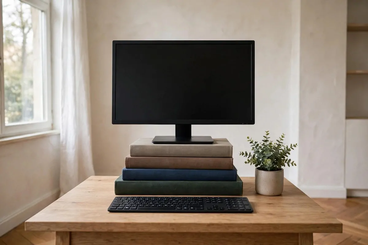 23 Work Office Makeover Projects That Cost Under $100 10 A computer monitor raised on a neat stack of hardback books on a desk
