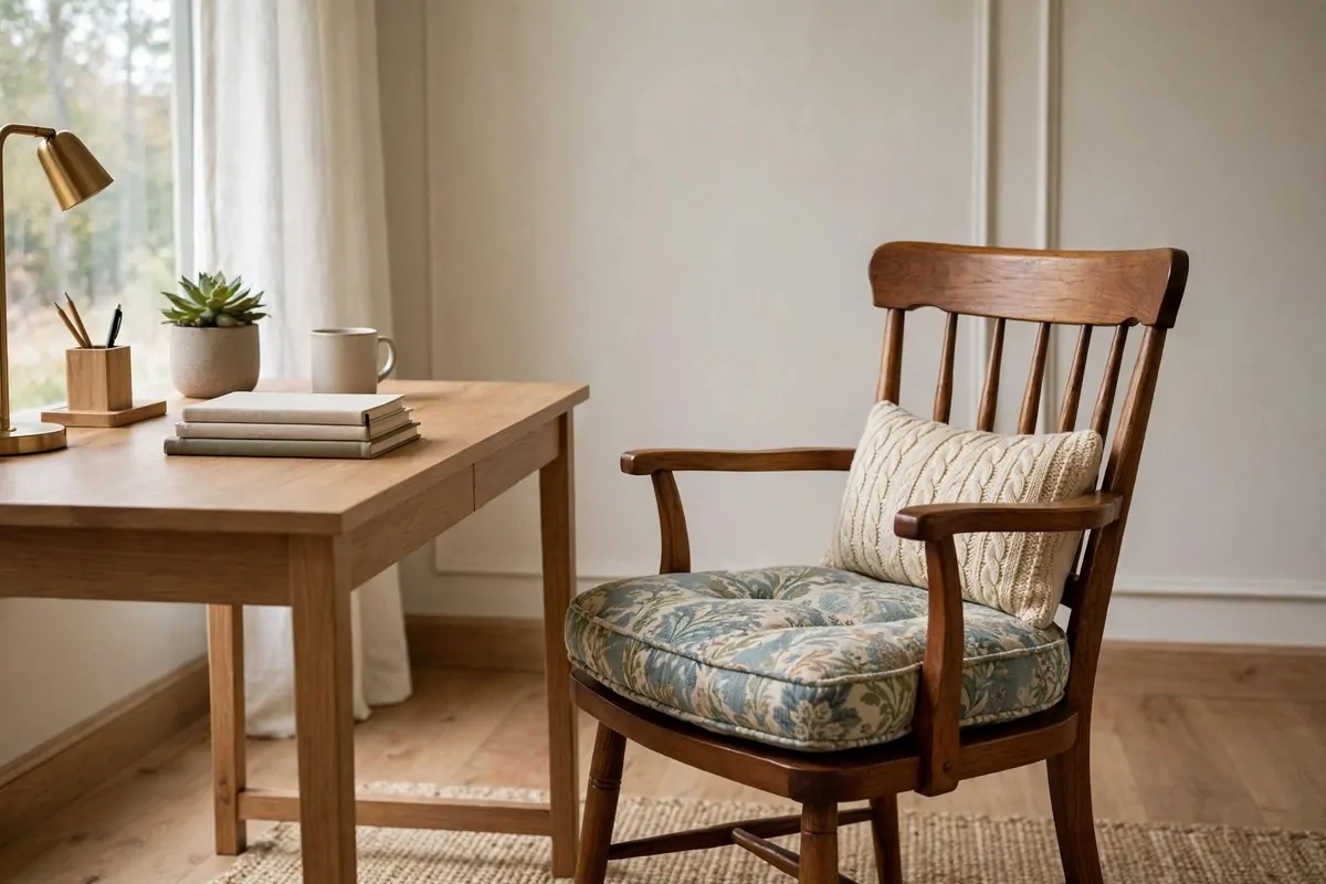 23 Work Office Makeover Projects That Cost Under $100 11 An office chair with a plump patterned seat cushion and small lumbar pillow
