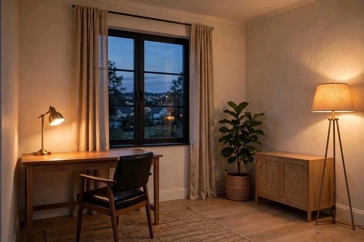 23 Work Office Makeover Projects That Cost Under $100 12 A home office lit warmly by a desk lamp and a floor lamp in the corner at dusk