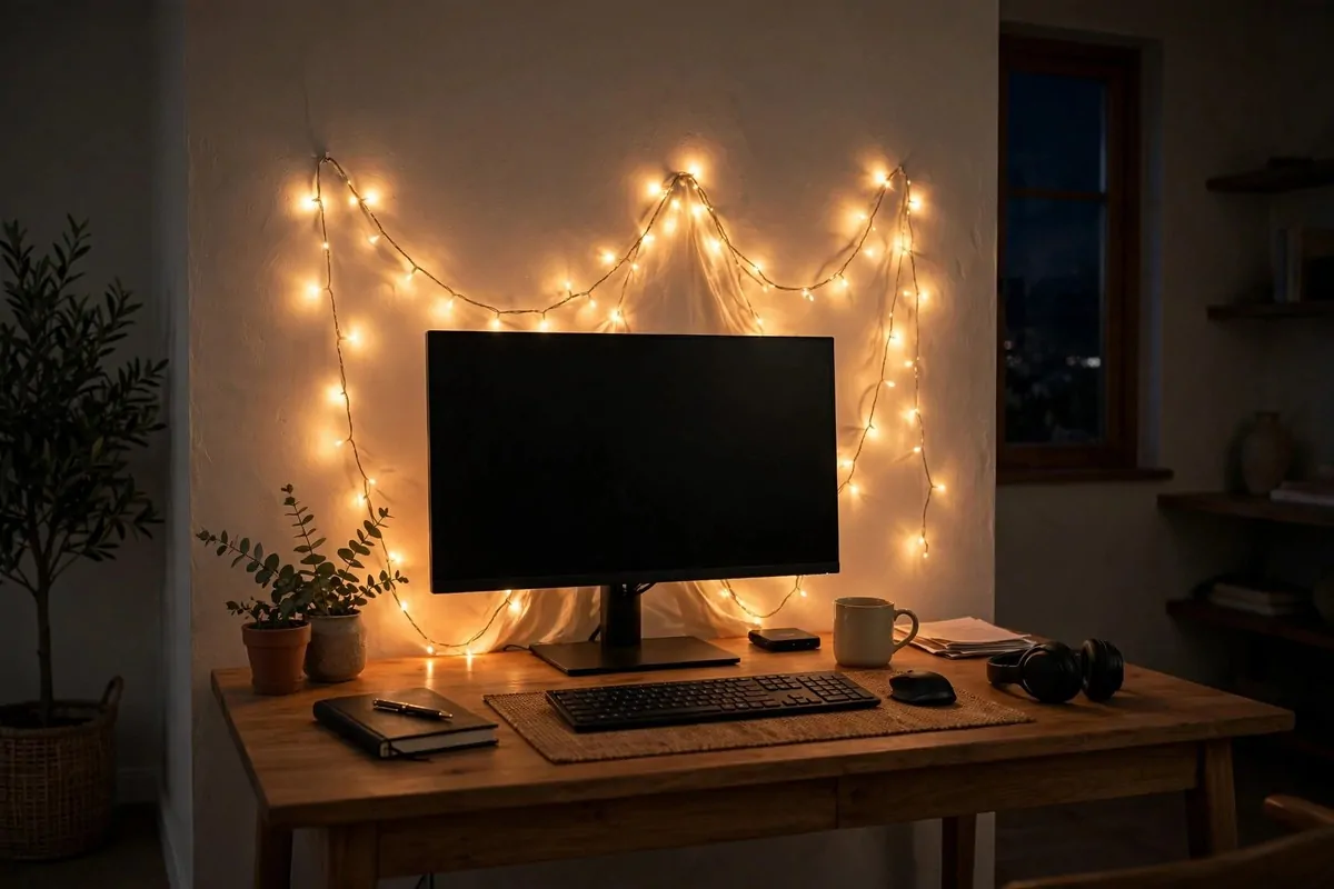 23 Work Office Makeover Projects That Cost Under $100 13 Warm fairy lights glowing behind a computer monitor on a desk at night