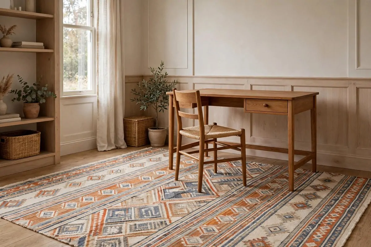 23 Work Office Makeover Projects That Cost Under $100 14 A patterned area rug laid under a desk and chair in a home office