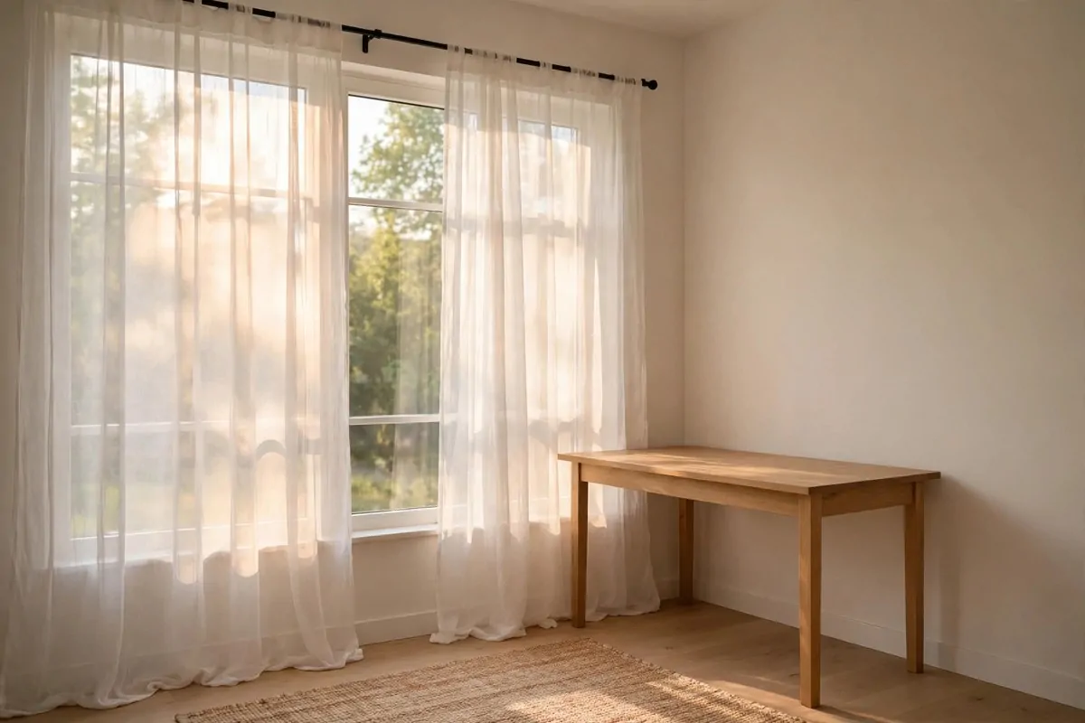 23 Work Office Makeover Projects That Cost Under $100 15 Sheer white curtains on a tension rod softening sunlight in a home office window