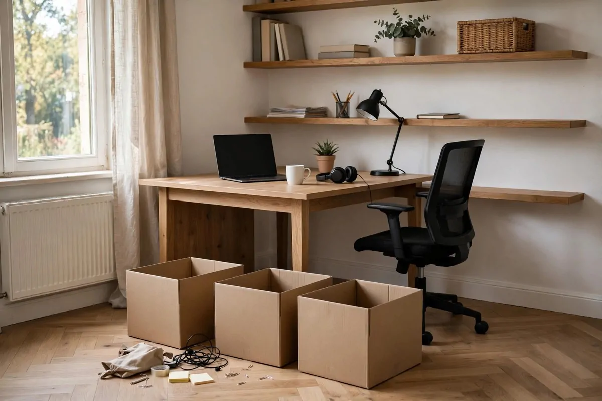 23 Work Office Makeover Projects That Cost Under $100 16 Three cardboard boxes for sorting clutter during a home office tidy up