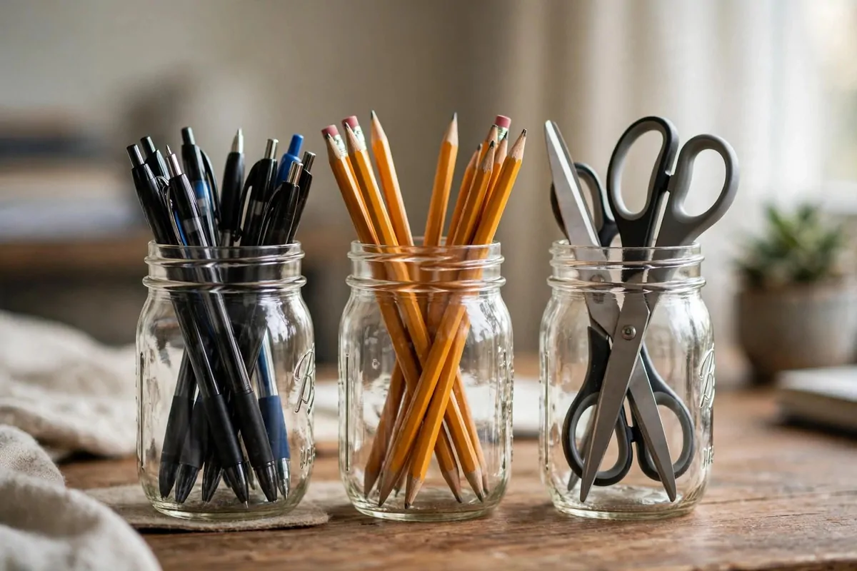 23 Work Office Makeover Projects That Cost Under $100 17 Mason jars on a desk holding pens, pencils, and scissors