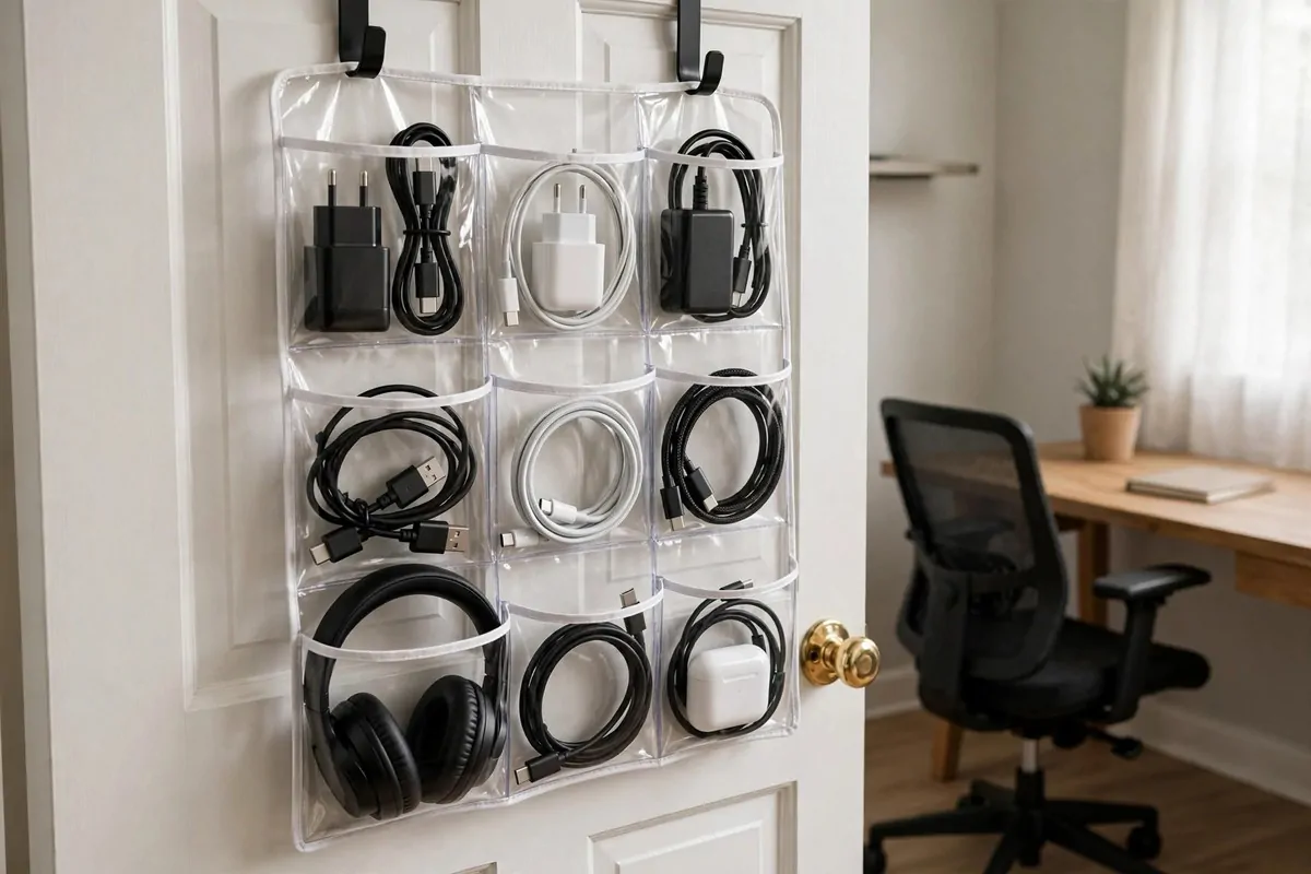 23 Work Office Makeover Projects That Cost Under $100 18 A clear over-the-door hanging organizer with pockets holding chargers and tech accessories