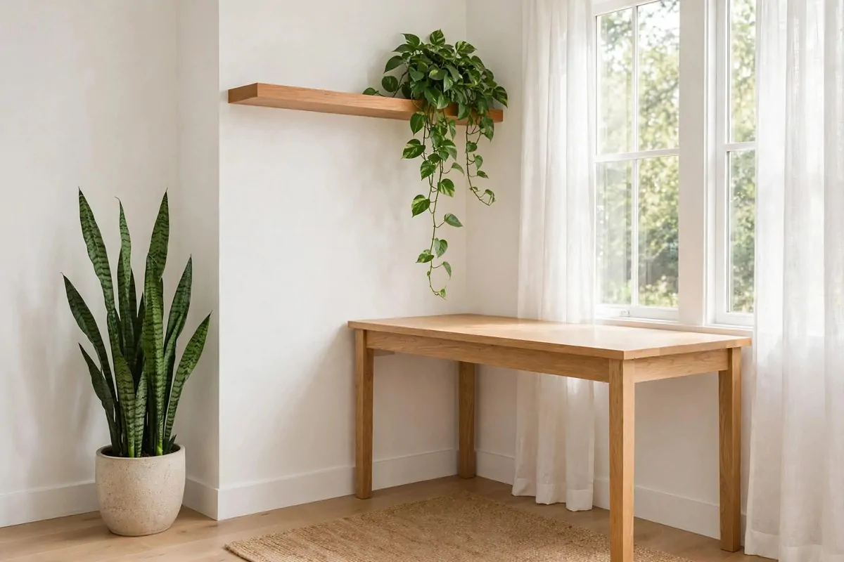 23 Work Office Makeover Projects That Cost Under $100 19 A tall snake plant and a trailing pothos in pots in a bright home office corner