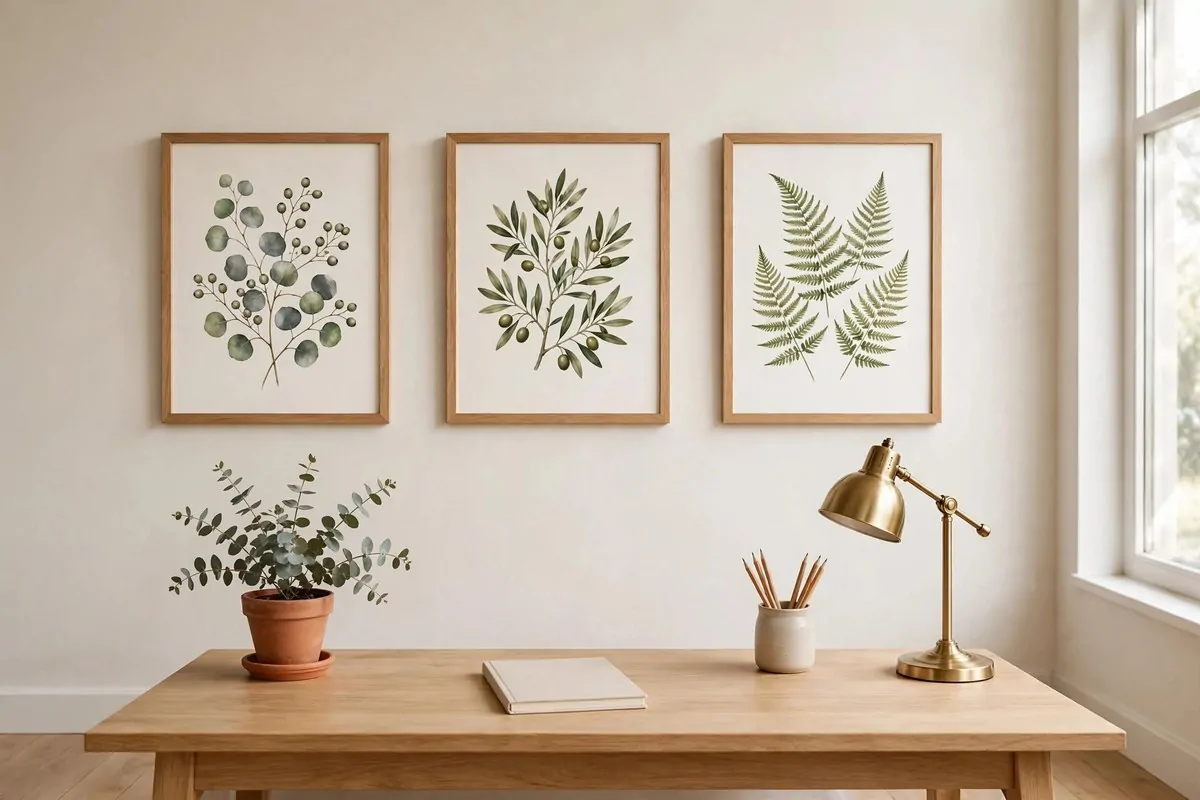 23 Work Office Makeover Projects That Cost Under $100 20 Framed botanical printable art prints hanging on a home office wall