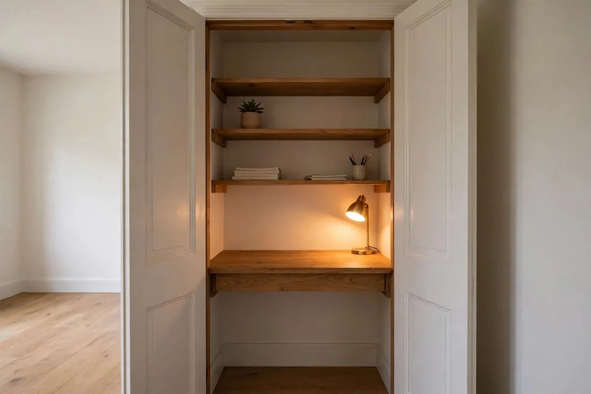 23 Work Office Makeover Projects That Cost Under $100 21 A small closet converted into a mini office nook with a desk, shelves, and warm lighting