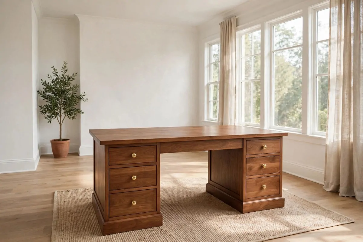 23 Work Office Makeover Projects That Cost Under $100 22 A freshly refinished solid wood desk with a smooth stained top in a home office