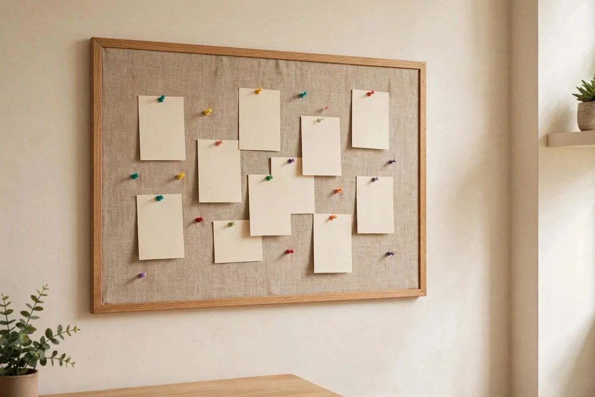 23 Work Office Makeover Projects That Cost Under $100 23 A fabric-covered cork board with pinned notes and photos hanging in a home office