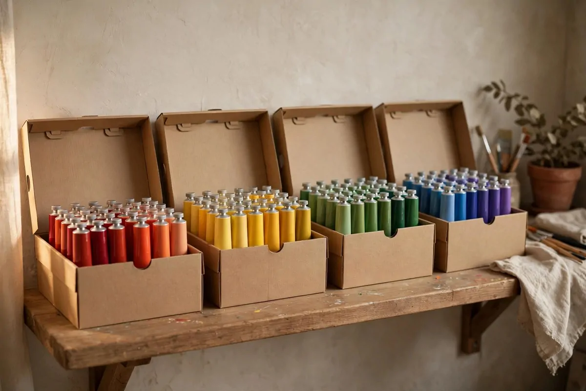 Shoeboxes sorted with paint tubes by colour