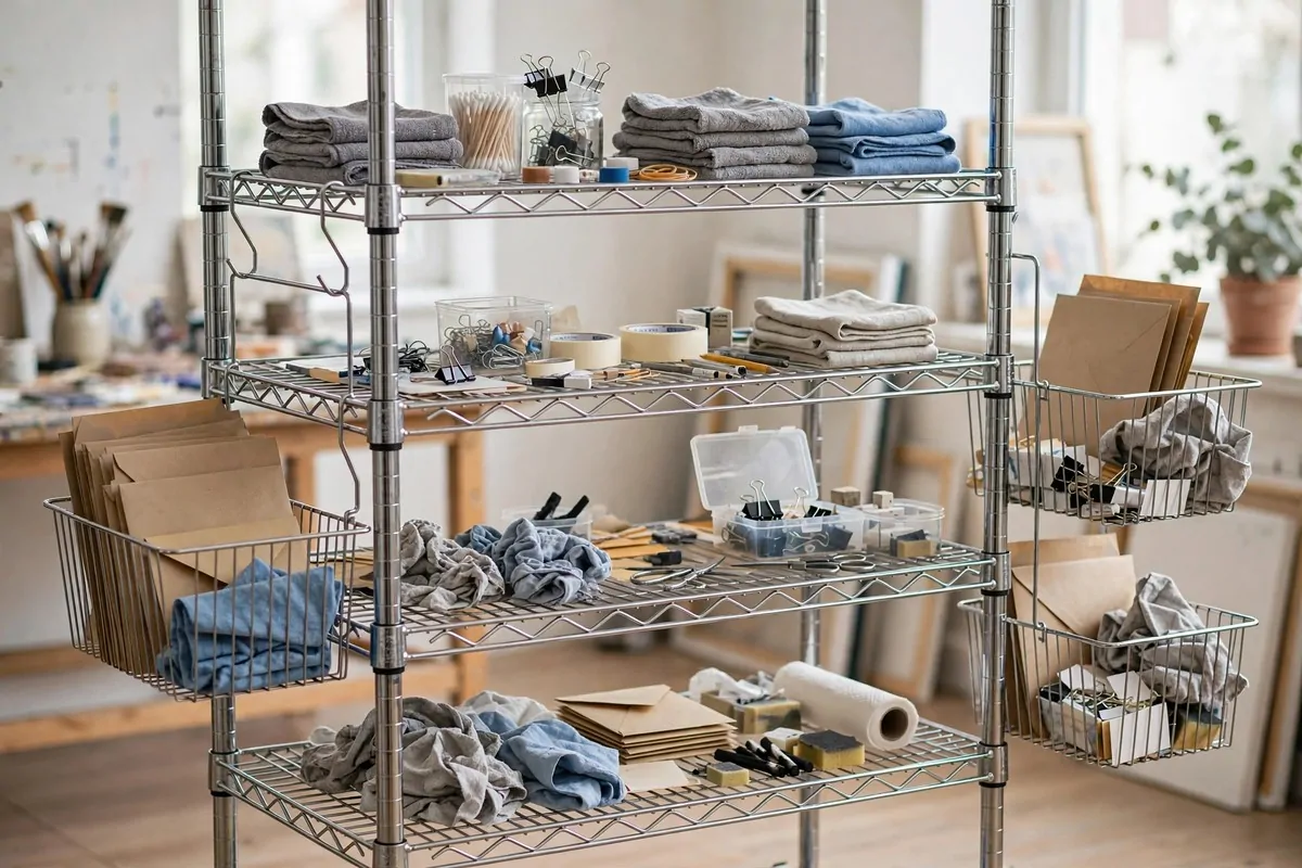 Wire baskets hooked on the sides of shelves