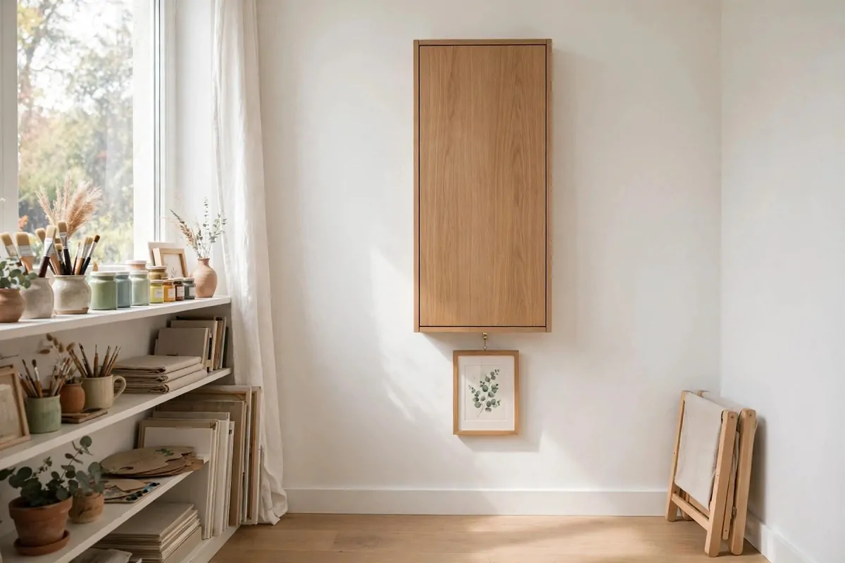 Fold-down wall table in a studio