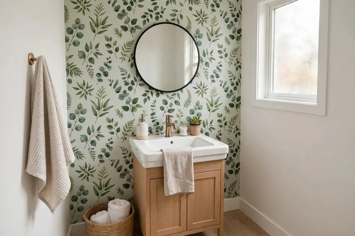 peel and stick botanical wallpaper accent wall behind a bathroom vanity