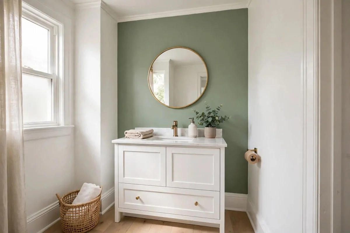 sage green painted accent wall in a small bathroom