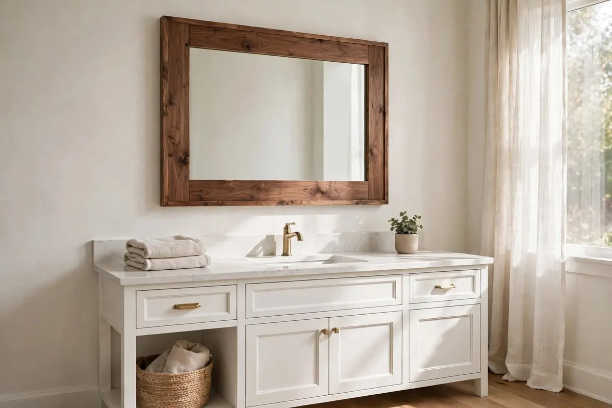 builder grade bathroom mirror framed with stained wood trim