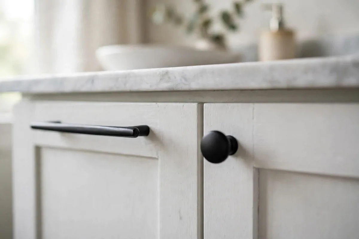 matte black cabinet knobs on a bathroom vanity close up
