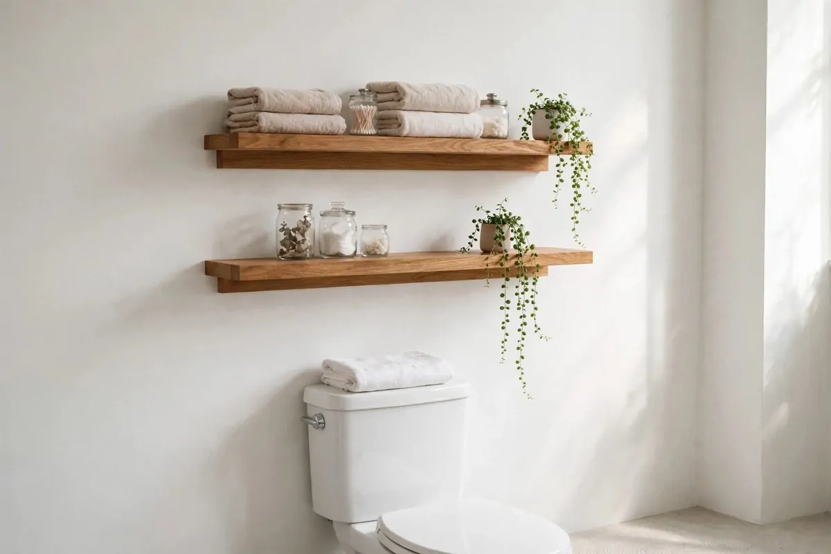 wooden floating shelves with folded towels and small jars in a bathroom