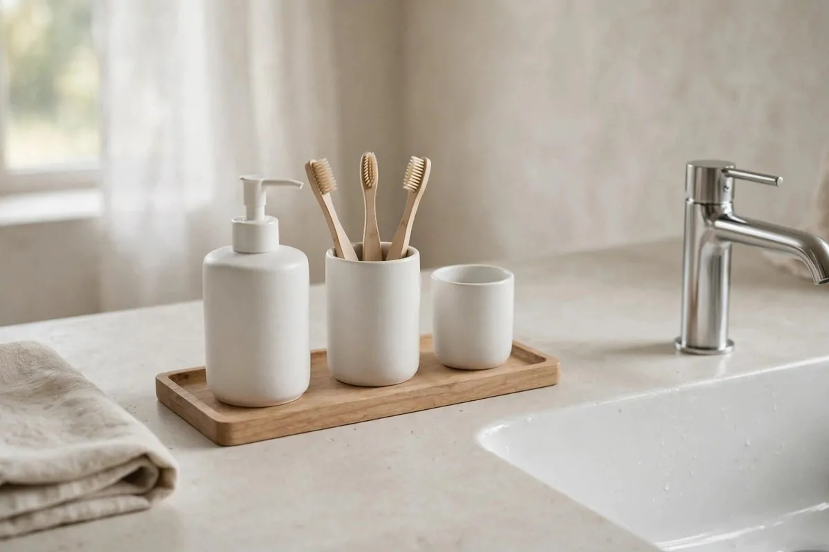 matching ceramic soap dispenser and toothbrush holder set on a bathroom counter
