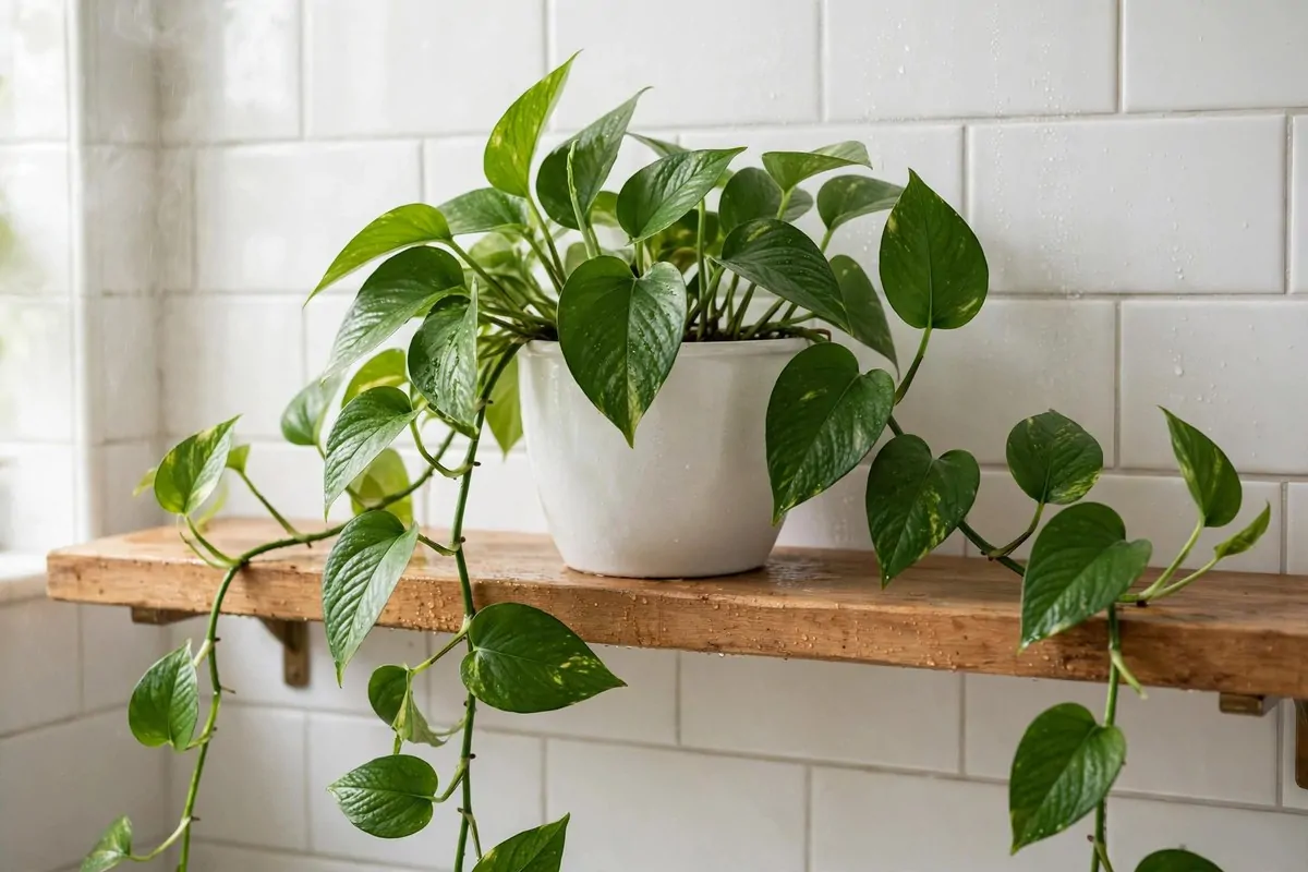 trailing pothos plant in a ceramic pot on a bathroom shelf