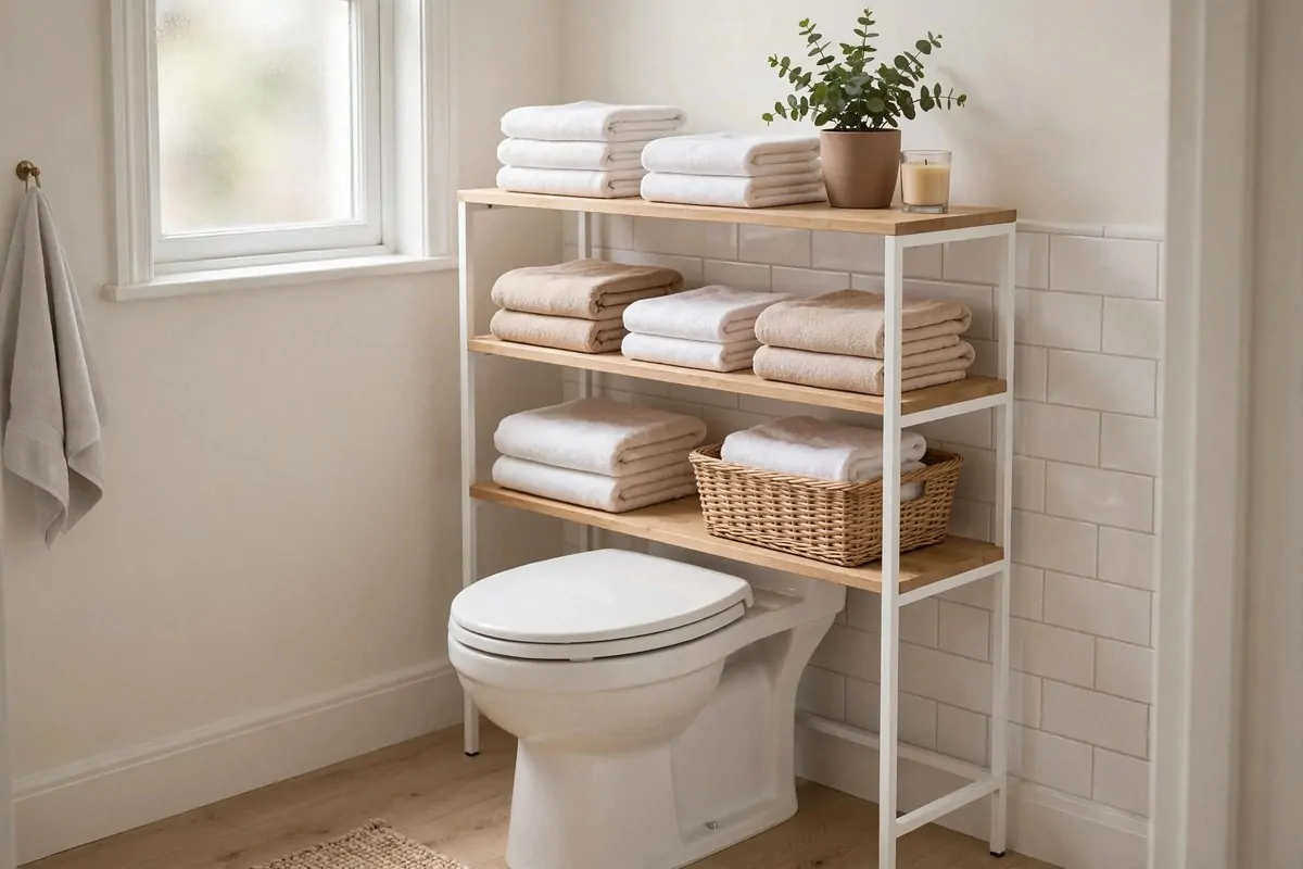 over the toilet freestanding shelf unit with towels and decor baskets