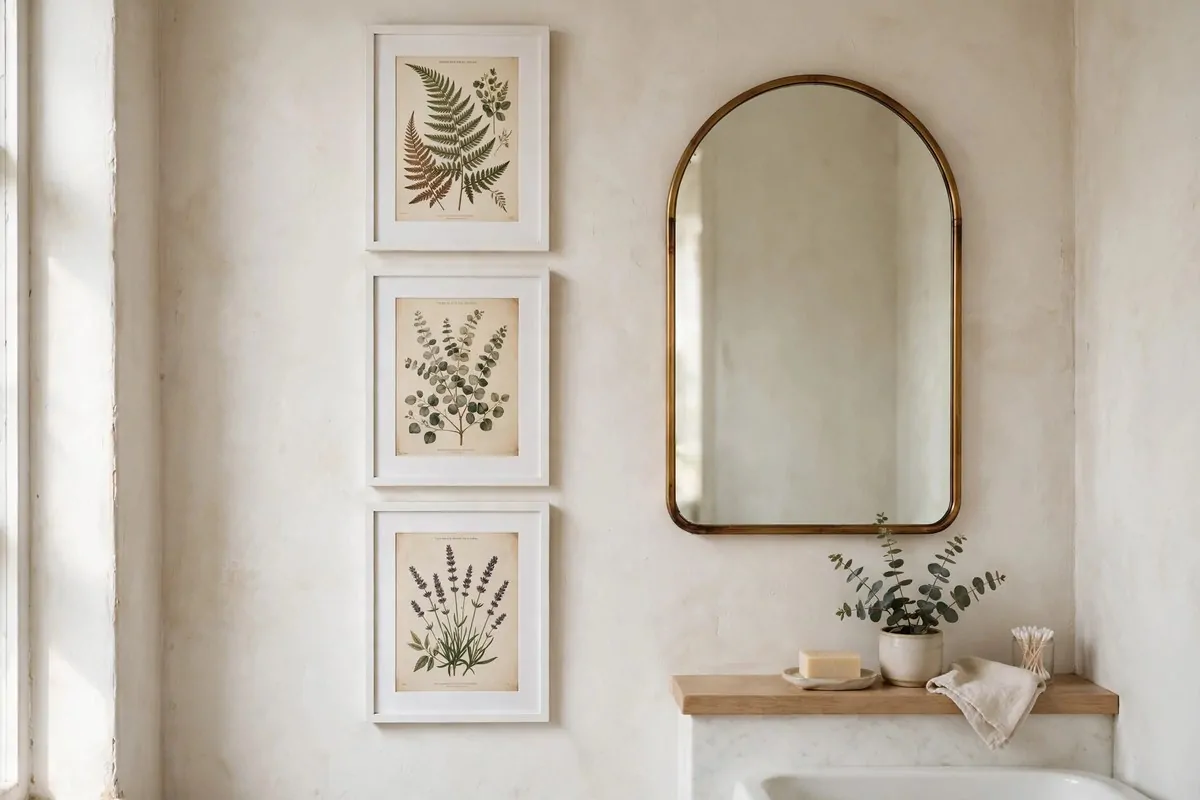 framed botanical prints gallery wall beside a bathroom mirror