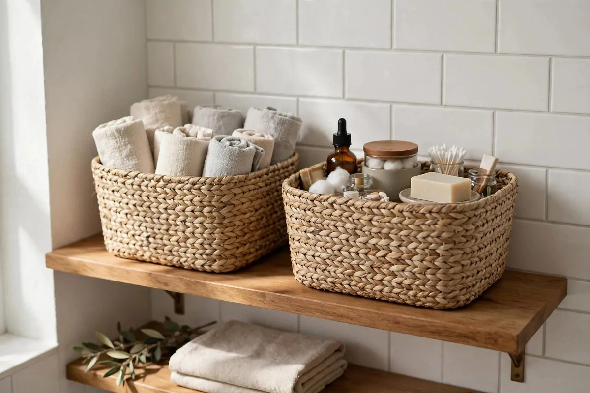 woven seagrass baskets with rolled towels on bathroom shelves