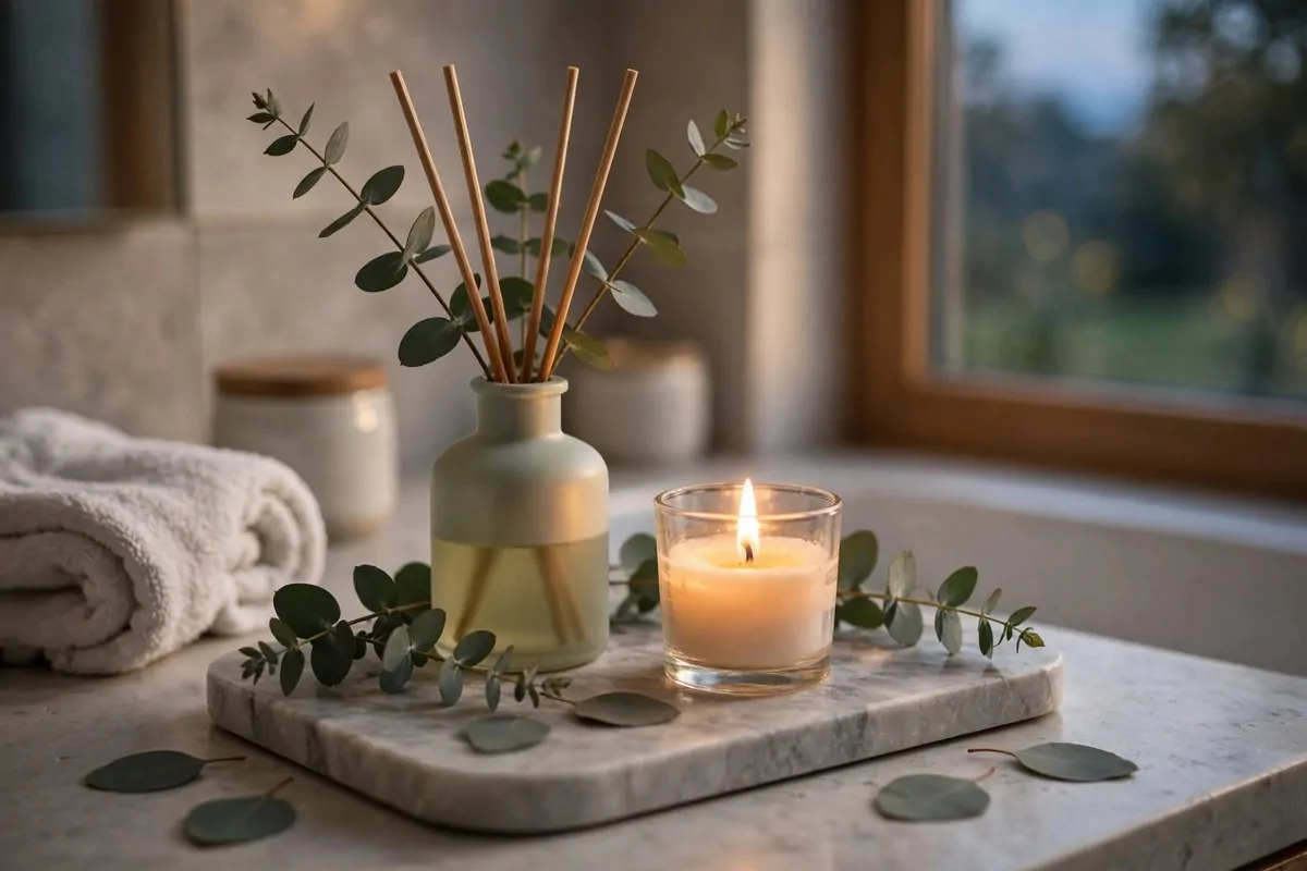 lit candle on a small tray with a reed diffuser in a bathroom