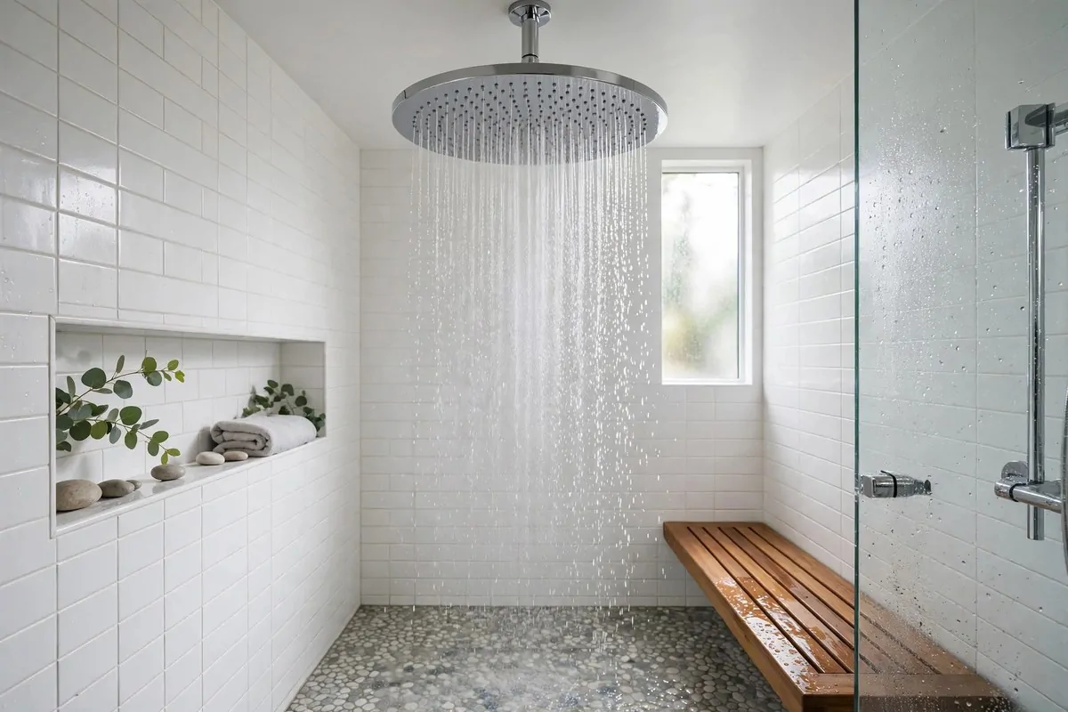 rain style showerhead spraying water in a tiled shower