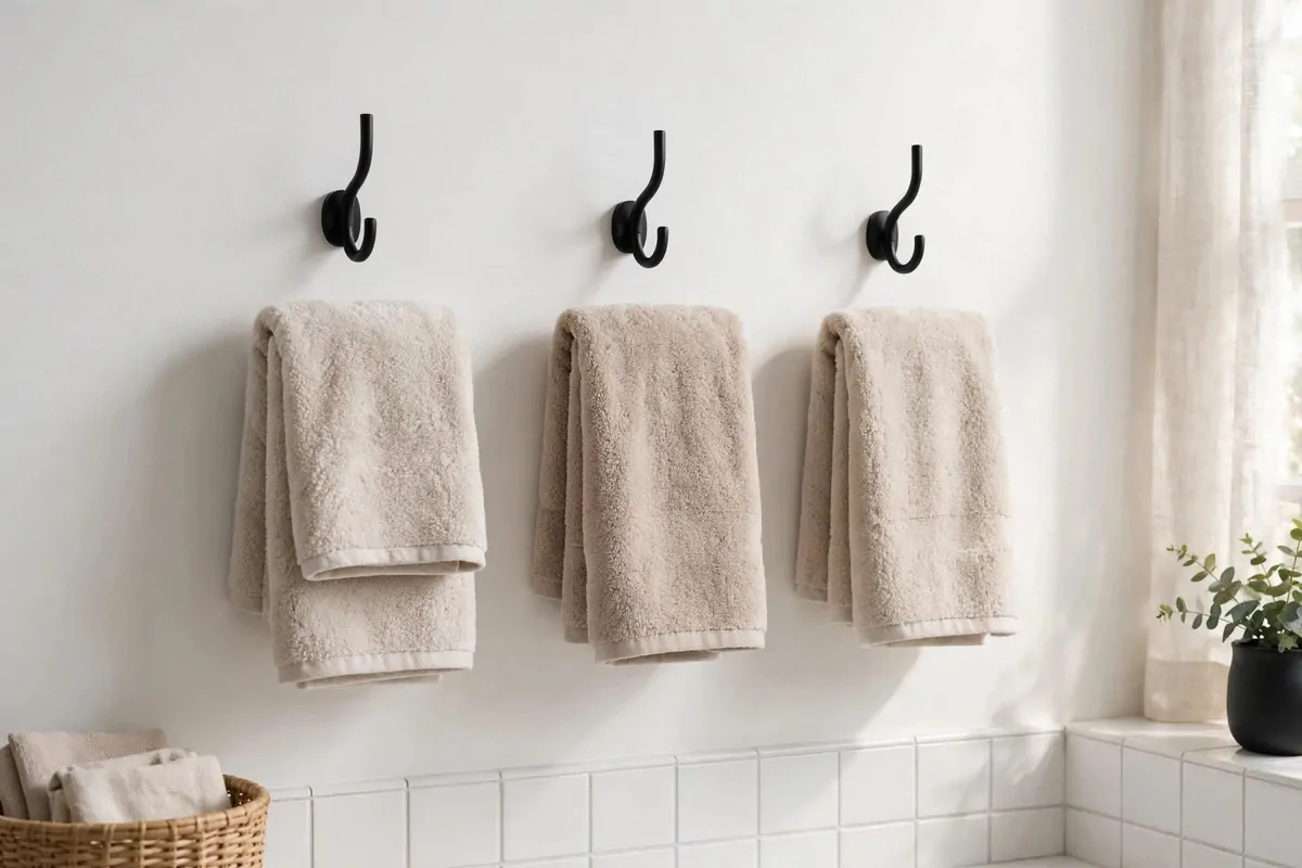 towel hooks with plush towels matching the cabinet hardware