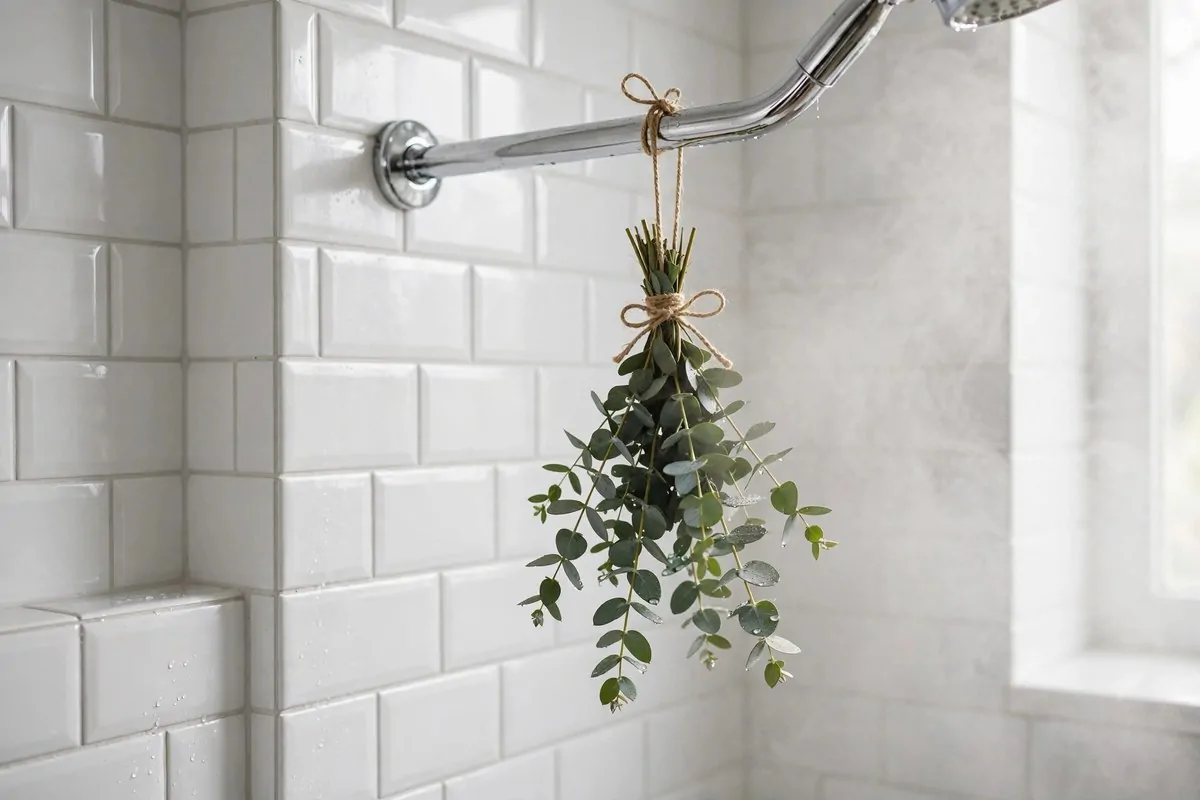 eucalyptus bundle tied to a shower arm with twine