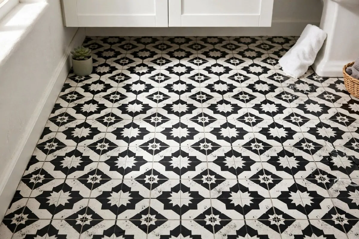 peel and stick patterned floor tiles in a small bathroom