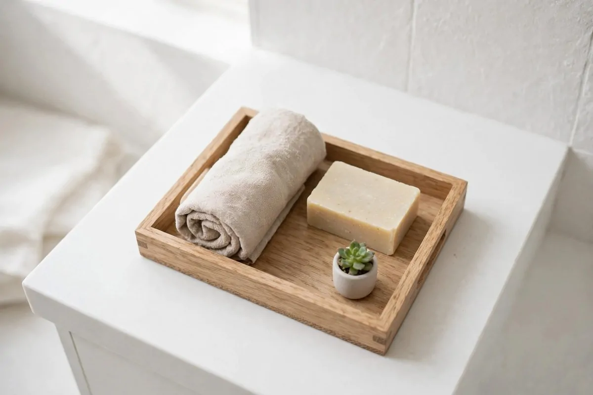 decorative tray with rolled washcloths and a small soap bar on a vanity