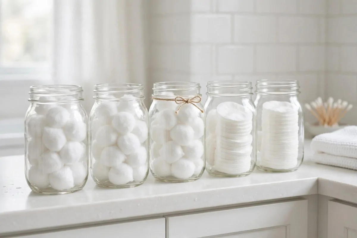 glass jars with cotton balls and cotton pads on a bathroom counter